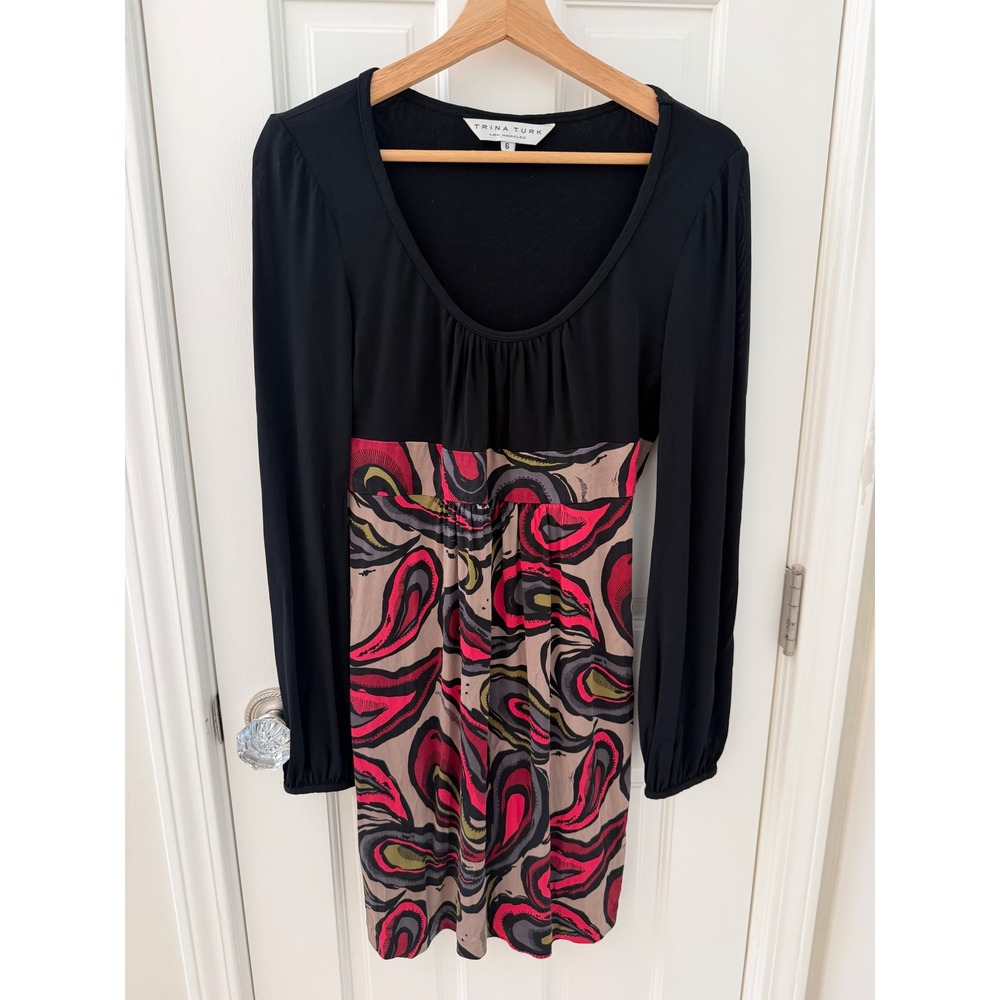 Trina Turk Paisley Silk Contrast Mini Dress Black Pink 6 Long Sleeve